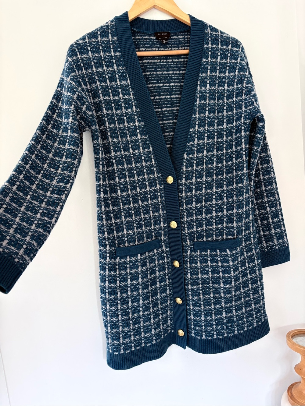 TALBOTS XS Button Up Cardigan Knit Sweater Blue Merino Wool Pocket Career Casual
